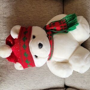 White Ivory Teddy Bear with Red and Green Scarf Ultra Soft And Plush VINTAGE